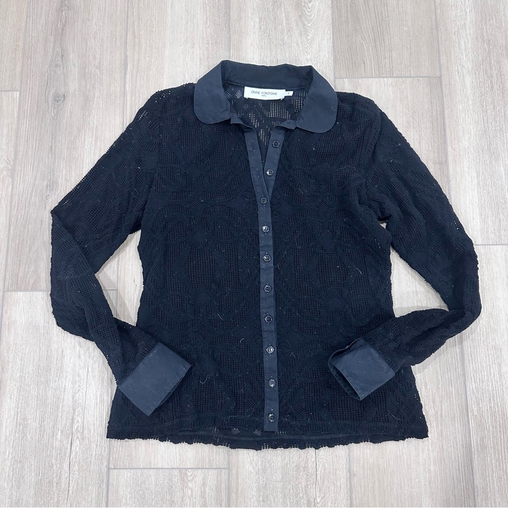 Anne Fontaine collared long sleeve fishnet mesh button down top black sz 40 US 8